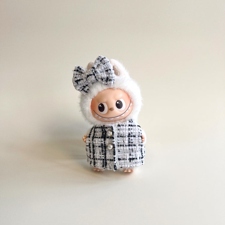 Labubu 4.0 Tweed Coat Outfit Set – Black & White flat lay product shot – Lizzie & Friends