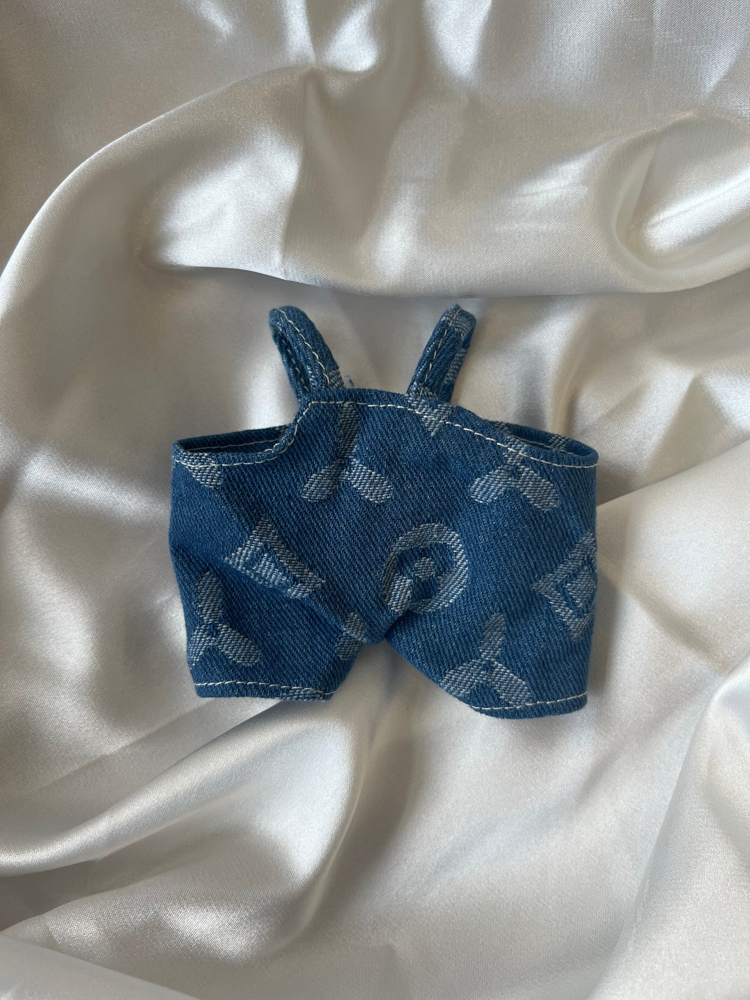 Labubu Blue Denim Monogram Outfit – Overalls & Hat Set close-up detail shot – Lizzie & Friends