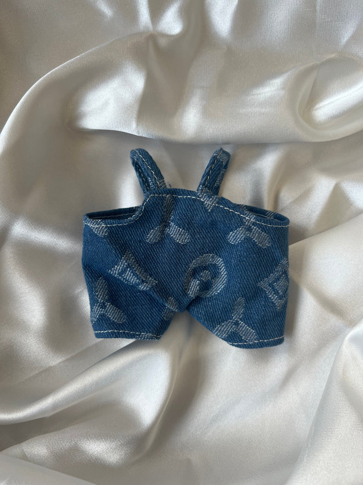 Labubu Blue Denim Monogram Outfit – Overalls & Hat Set close-up detail shot – Lizzie & Friends