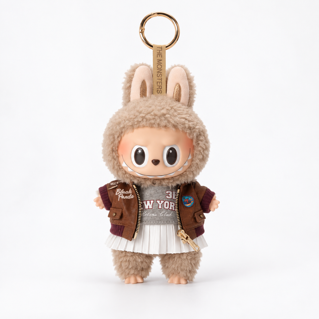 Labubu Brown Biker Jacket & Pleated Skirt Outfit Set
