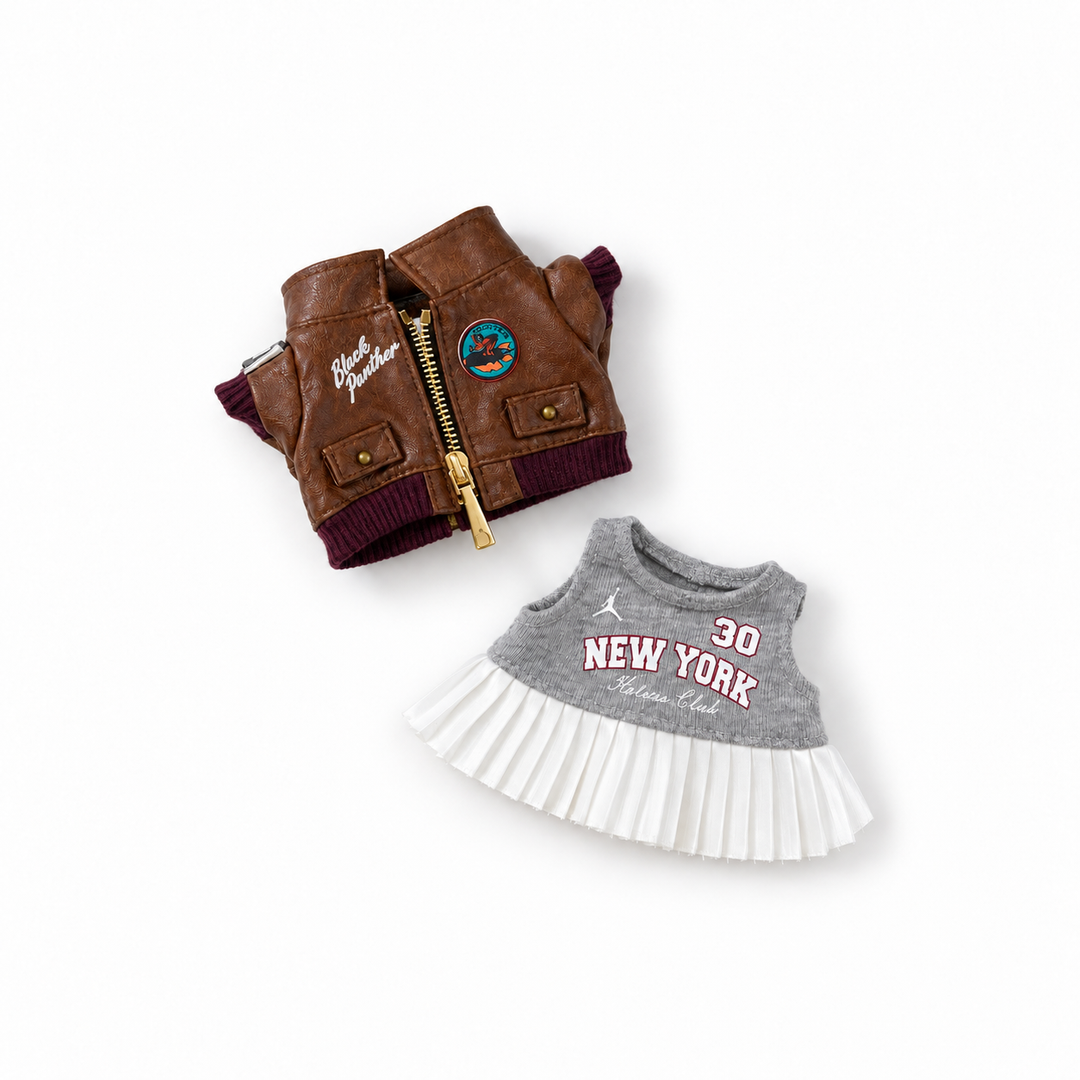 Labubu Brown Biker Jacket & Pleated Skirt Outfit Set