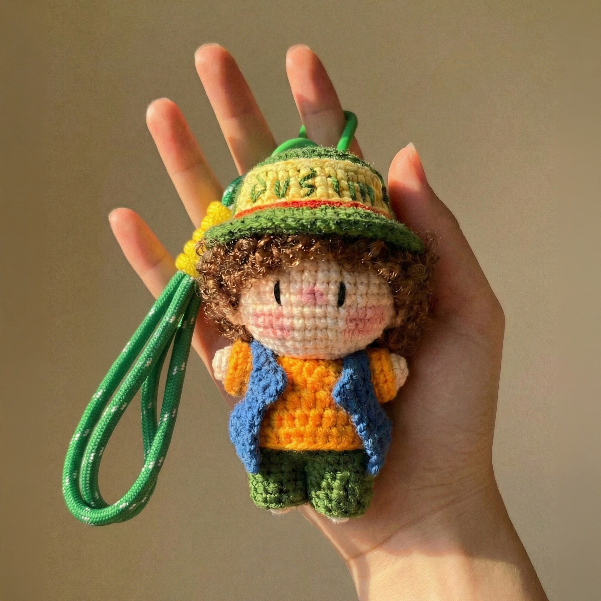 Retro Adventure Boy Dustin Plush Bag Charm – handmade crochet plush bag charm kawaii collectible gift
