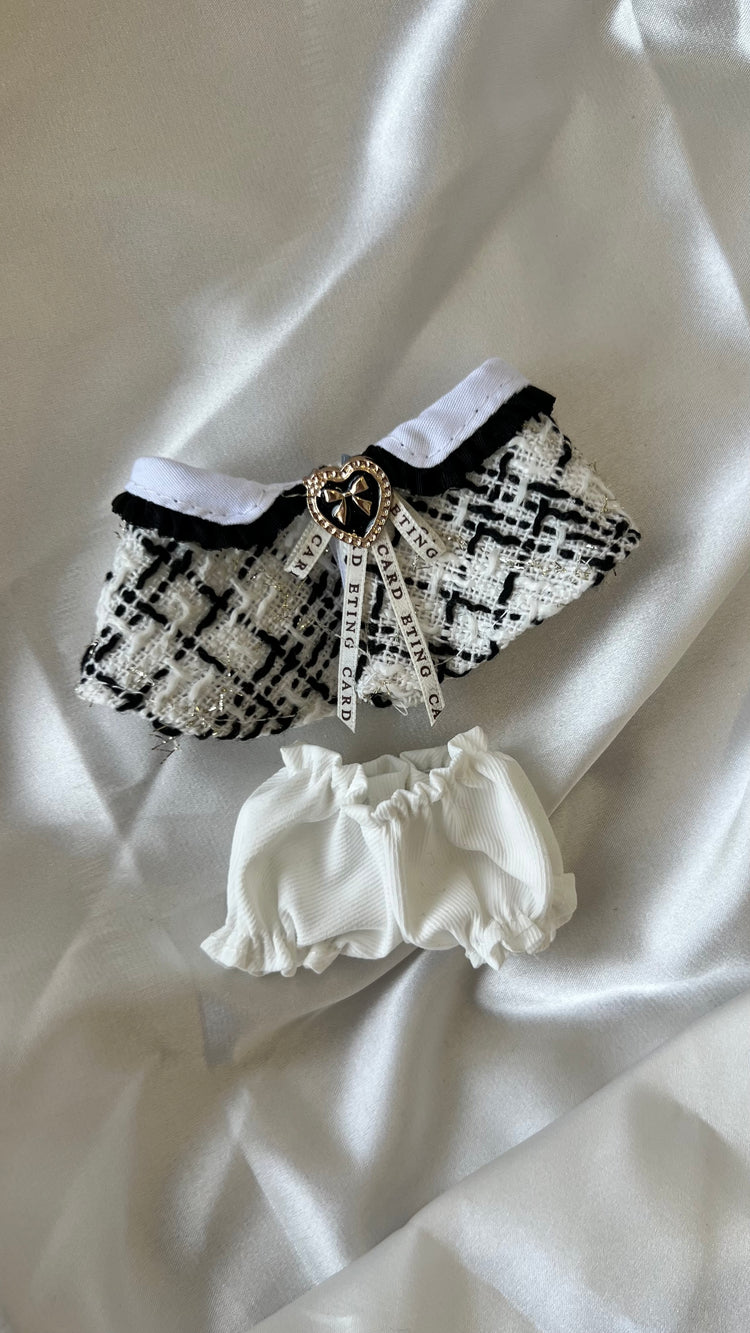 Labubu Classic Tweed Costume Set - Black and White with Matching Beret flat lay product shot – Lizzie & Friends