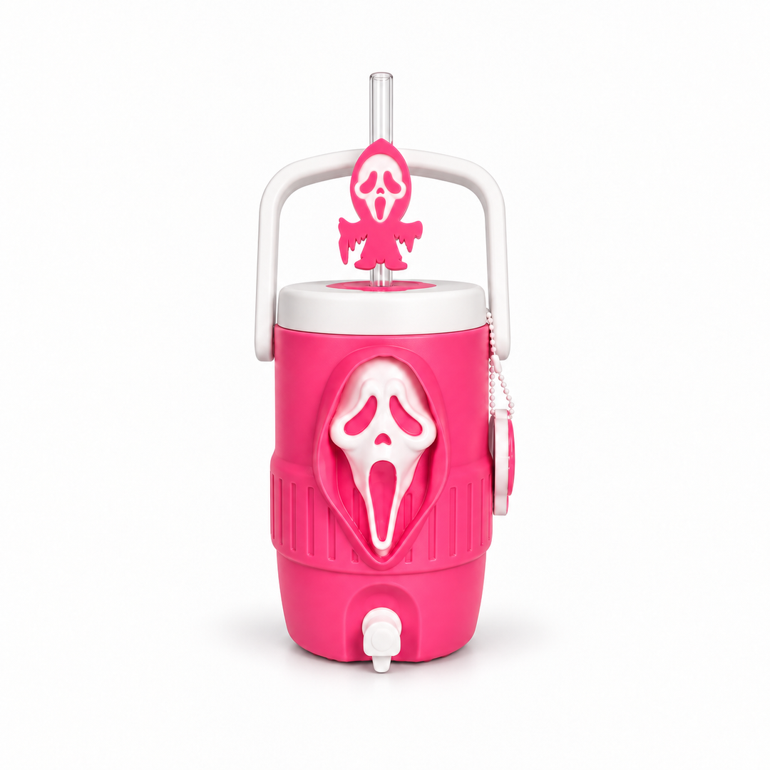 3D Printed Horror Ghost Mask Drink Jug with Straw & Charm – Pink