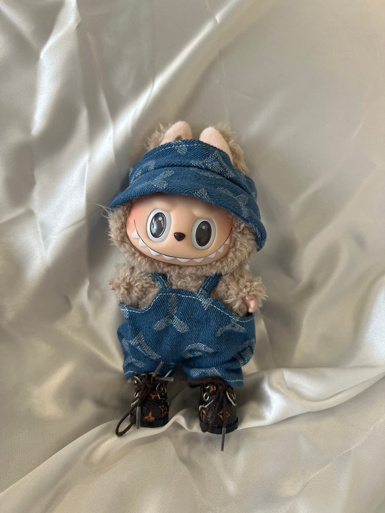 Labubu Blue Denim Monogram Outfit – Overalls & Hat Set – Labubu plush doll outfit handmade kawaii Pop Mart collectible acc...