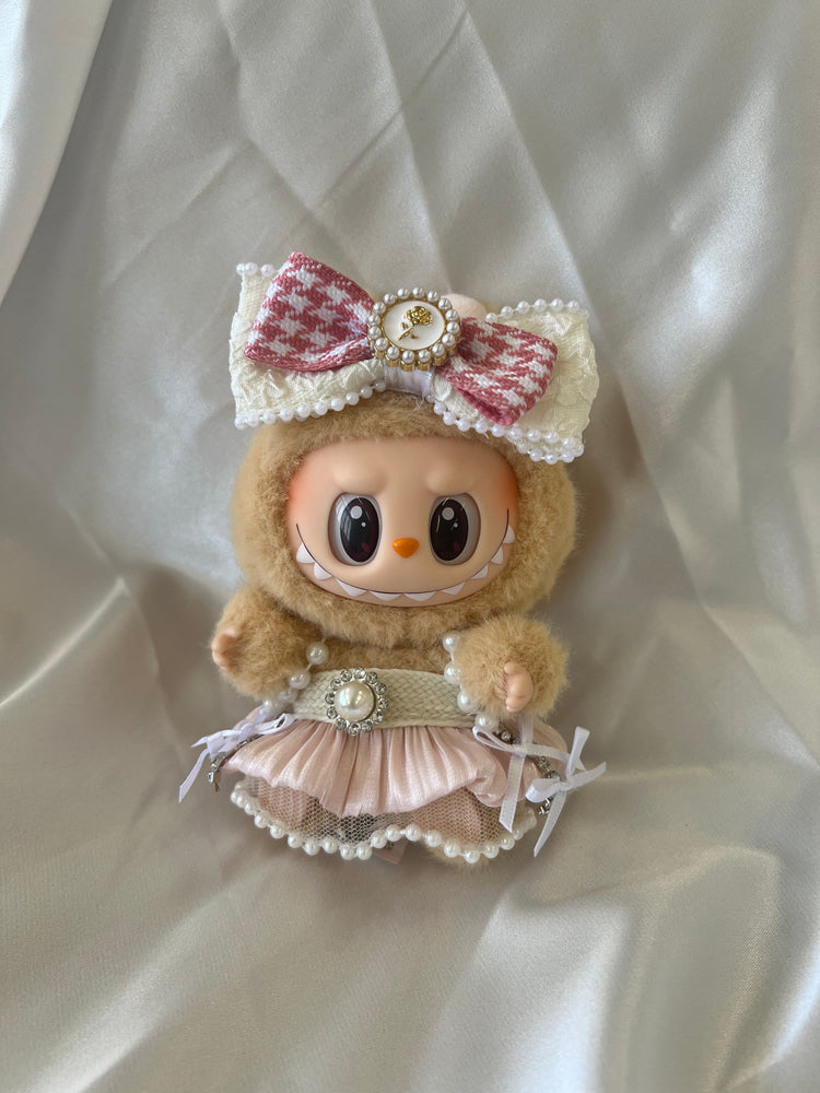 Labubu Elegant Pearl Tutu Set with Bow Headband – Labubu plush doll outfit handmade kawaii Pop Mart collectible accessory