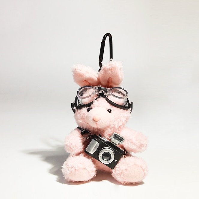 Pink Camera-Holding Aviator Bunny Bag Charm