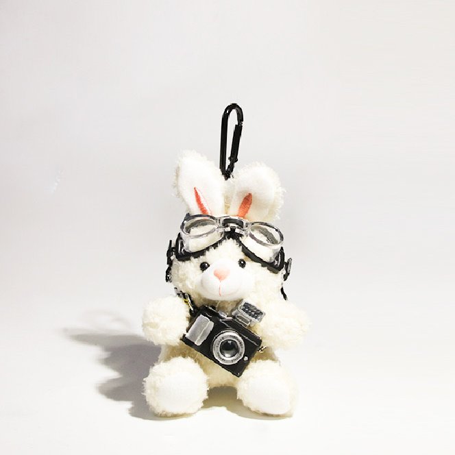 White Camera-Holding Aviator Bunny Bag Charm