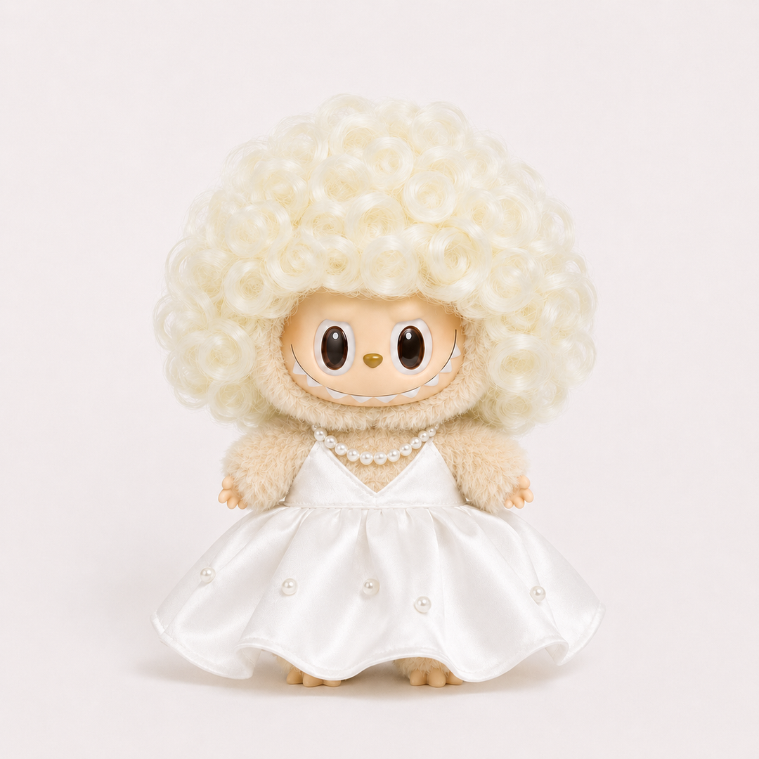 Labubu Curly Wig Pearl Bridal Dress Outfit Set