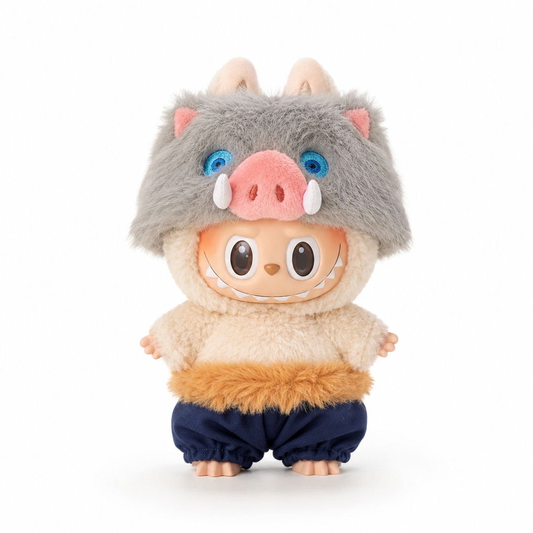 Labubu Demon Slayer Inosuke Boar Head Outfit Set – Complete with Authentic Exciting Macaron Soymilk Figure