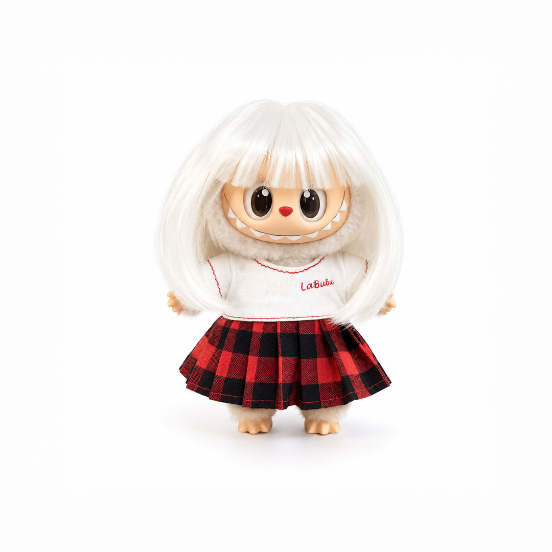 Labubu Long Wig & Plaid Skirt Outfit Set