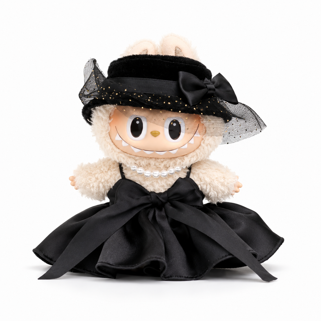 Labubu Veiled Bow Hat & Satin Dress Outfit Set