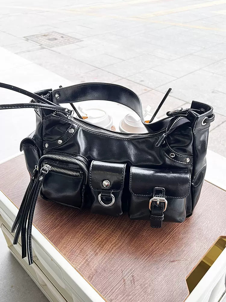 Edgy Elegance Multi-Pocket Shoulder Bag