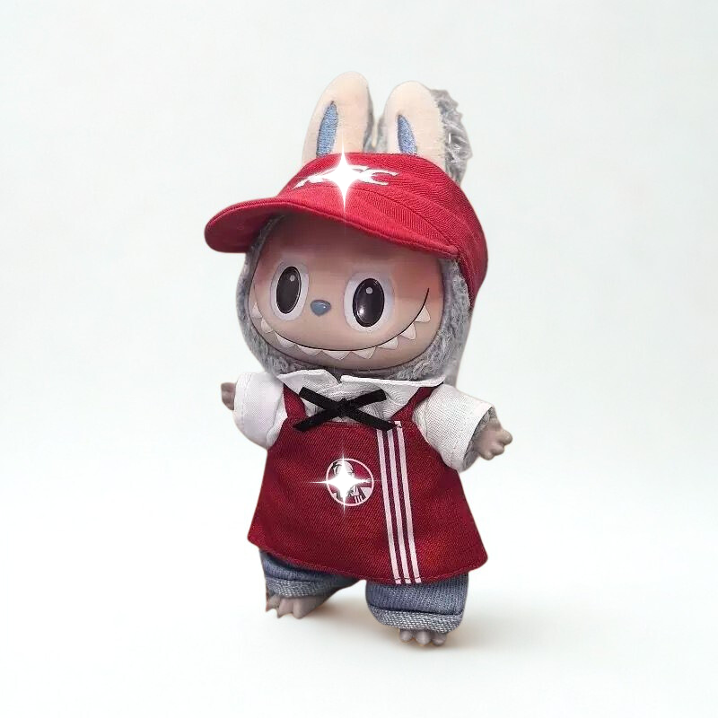 Labubu Fast‑Food Worker Outfit – Red Uniform Set – Labubu plush doll outfit handmade kawaii Pop Mart collectible accessory