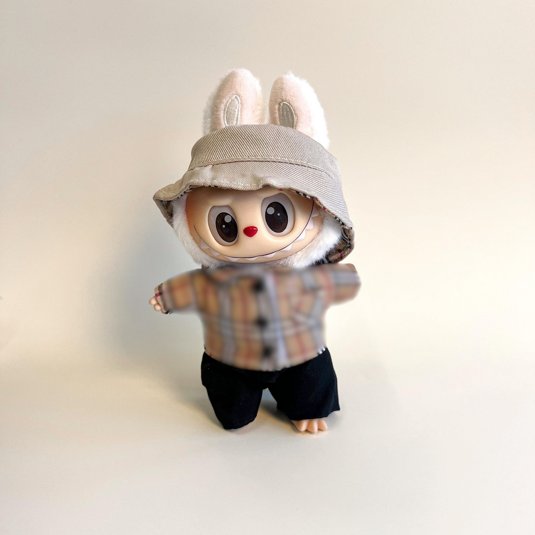 Labubu Brown Check Shirt & Hat Outfit Set – Labubu plush doll outfit handmade kawaii Pop Mart collectible accessory