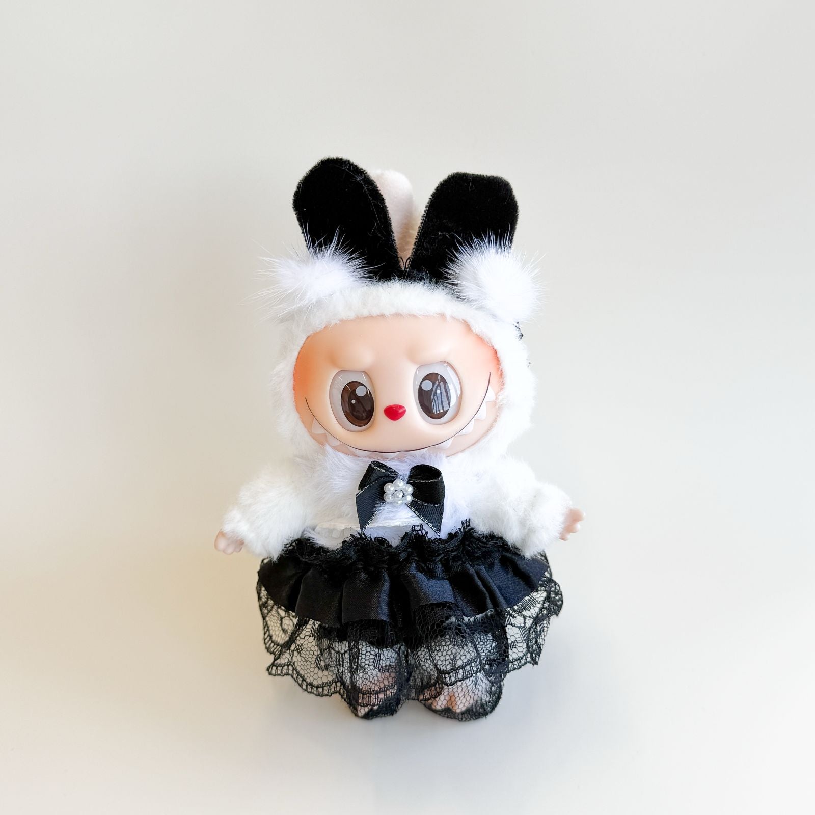 Labubu Black & White Bunny Dress Outfit – Lace Style – Labubu plush doll outfit handmade kawaii Pop Mart collectible acces...