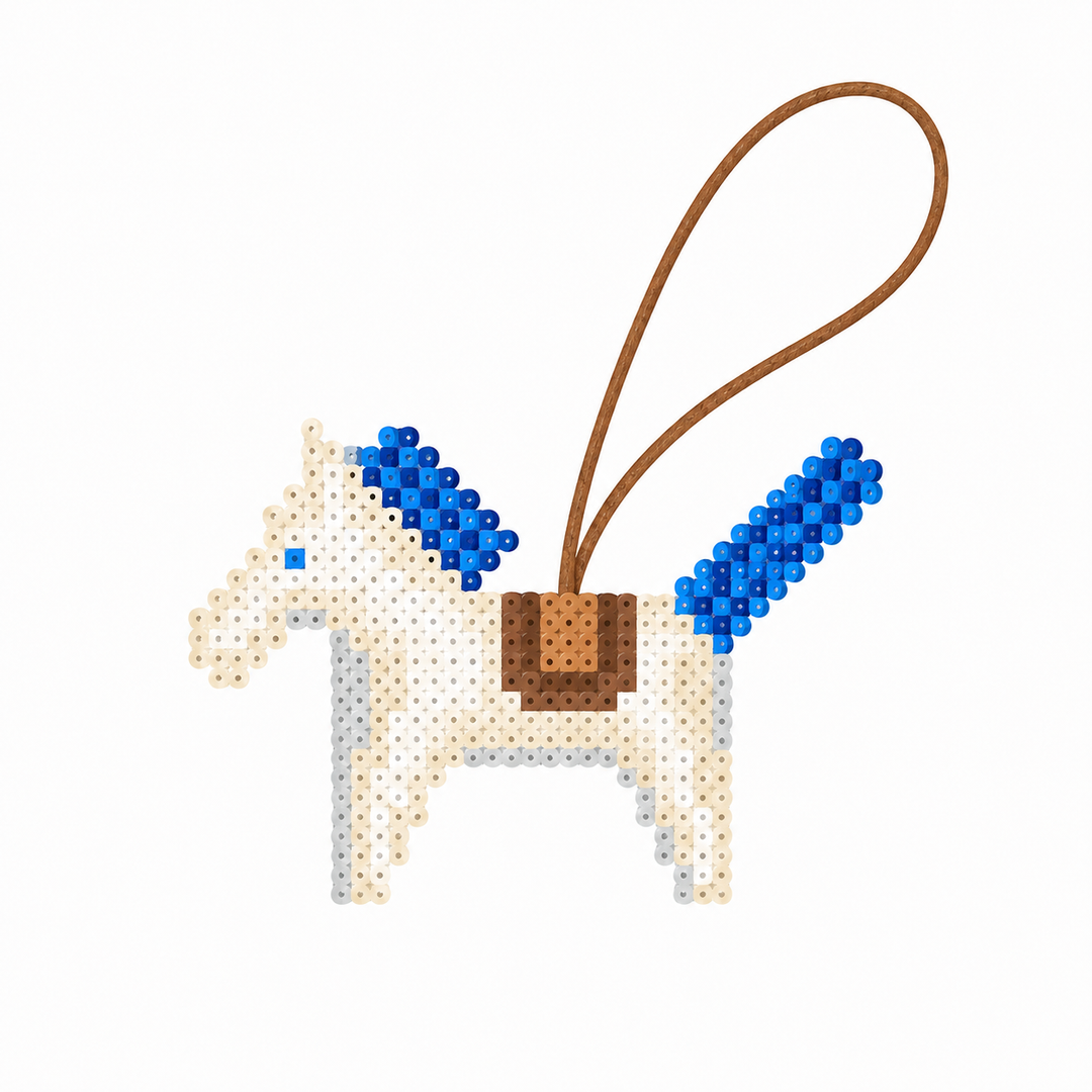 White & Blue Fuse Bead Horse Bag Charm
