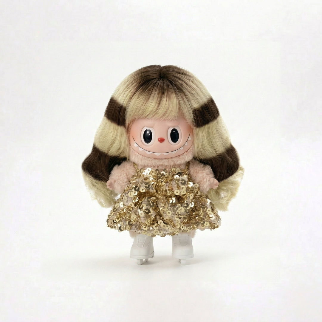 Labubu Champion Gold Sequin Figure Skater Outfit Set (3 items) – Labubu plush doll outfit handmade kawaii Pop Mart collect...