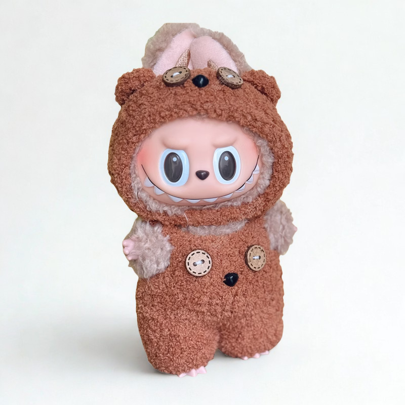 Labubu Brown Teddy Outfit – Cozy Plush Jumpsuit – Labubu plush doll outfit handmade kawaii Pop Mart collectible accessory