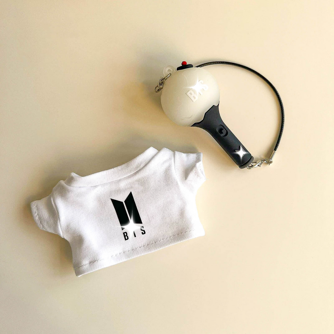 Labubu Bullet Proof Idol Tee Outfit (Black Logo) — With Mini Fan Lightstick (2 Items) close-up detail shot – Lizzie & Friends