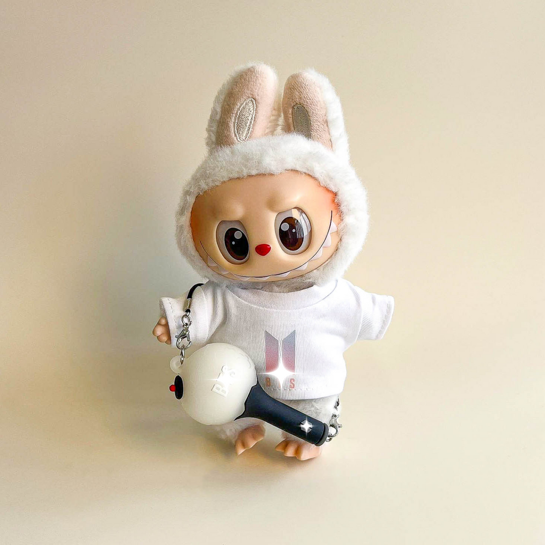 Labubu Bullet Proof Idol Tee Outfit (Colored Logo) — With Mini Fan Lightstick (2 Items) flat lay product shot...