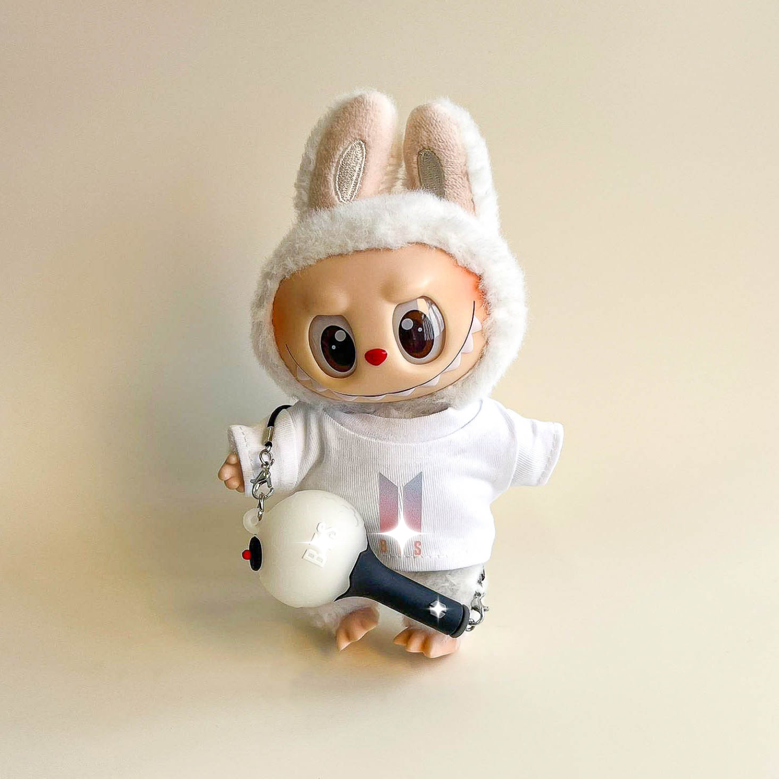 Labubu Bullet Proof Idol Tee Outfit (Colored Logo) — With Mini Fan Lightstick (2 Items) flat lay product shot...