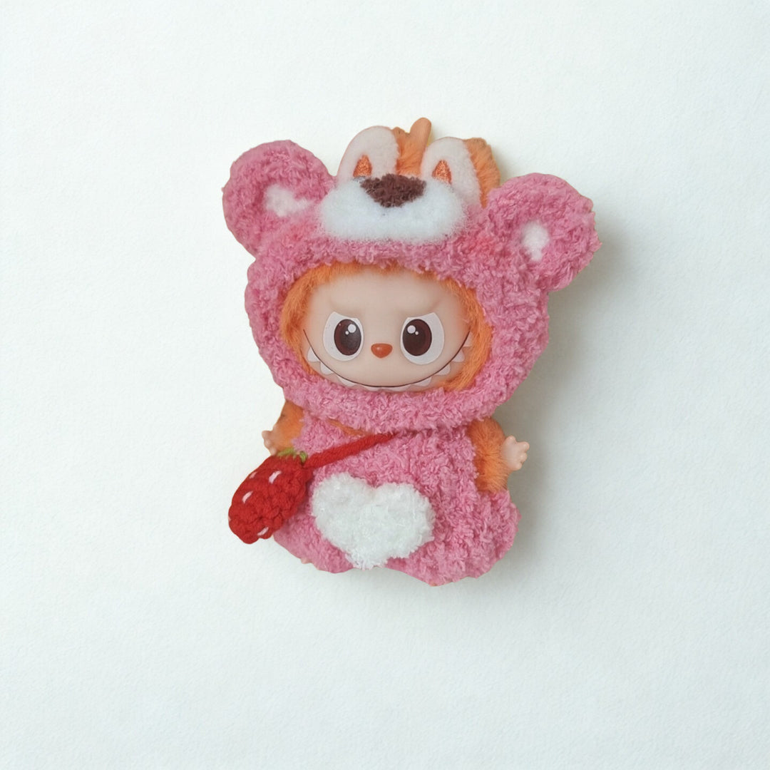 Labubu 4.0 Strawberry Bear Outfit – With Berry Bag – Labubu 4.0 V4 handmade outfit accessory Pop Mart plush doll clothes