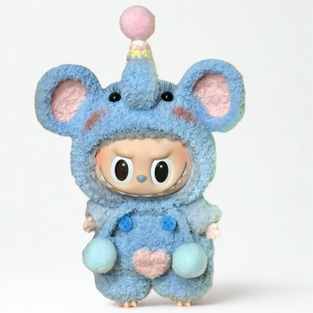 Labubu Elephant Outfit Set – Elephant Hood & Heart Patch Overalls – Labubu plush doll outfit handmade kawaii Pop Mart coll...