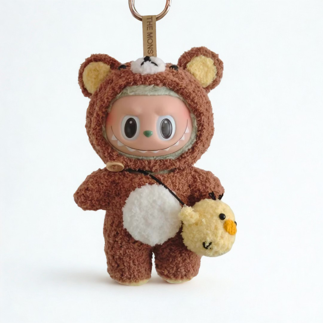 Labubu Bear Plush Outfit – Brown & White with Chick Bag – Labubu plush doll outfit handmade kawaii Pop Mart collectible ac...