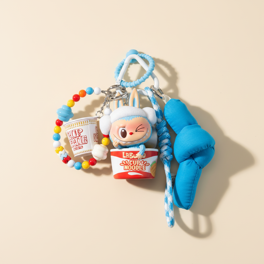Labubu Cup Noodle Charm Keychain Set – Labubu plush doll outfit handmade kawaii Pop Mart collectible accessory