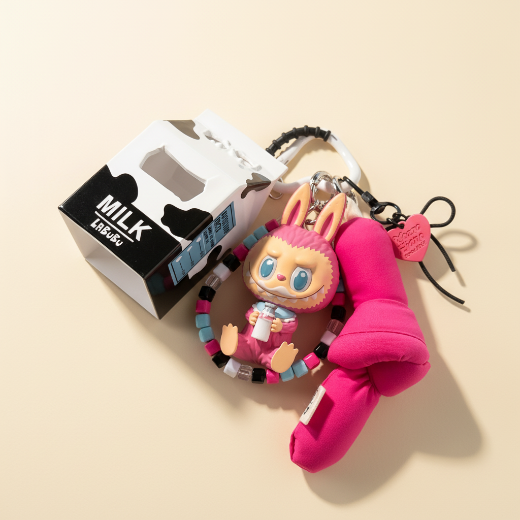 Labubu Strawberry Milk Charm Keychain Set – Labubu plush doll outfit handmade kawaii Pop Mart collectible accessory