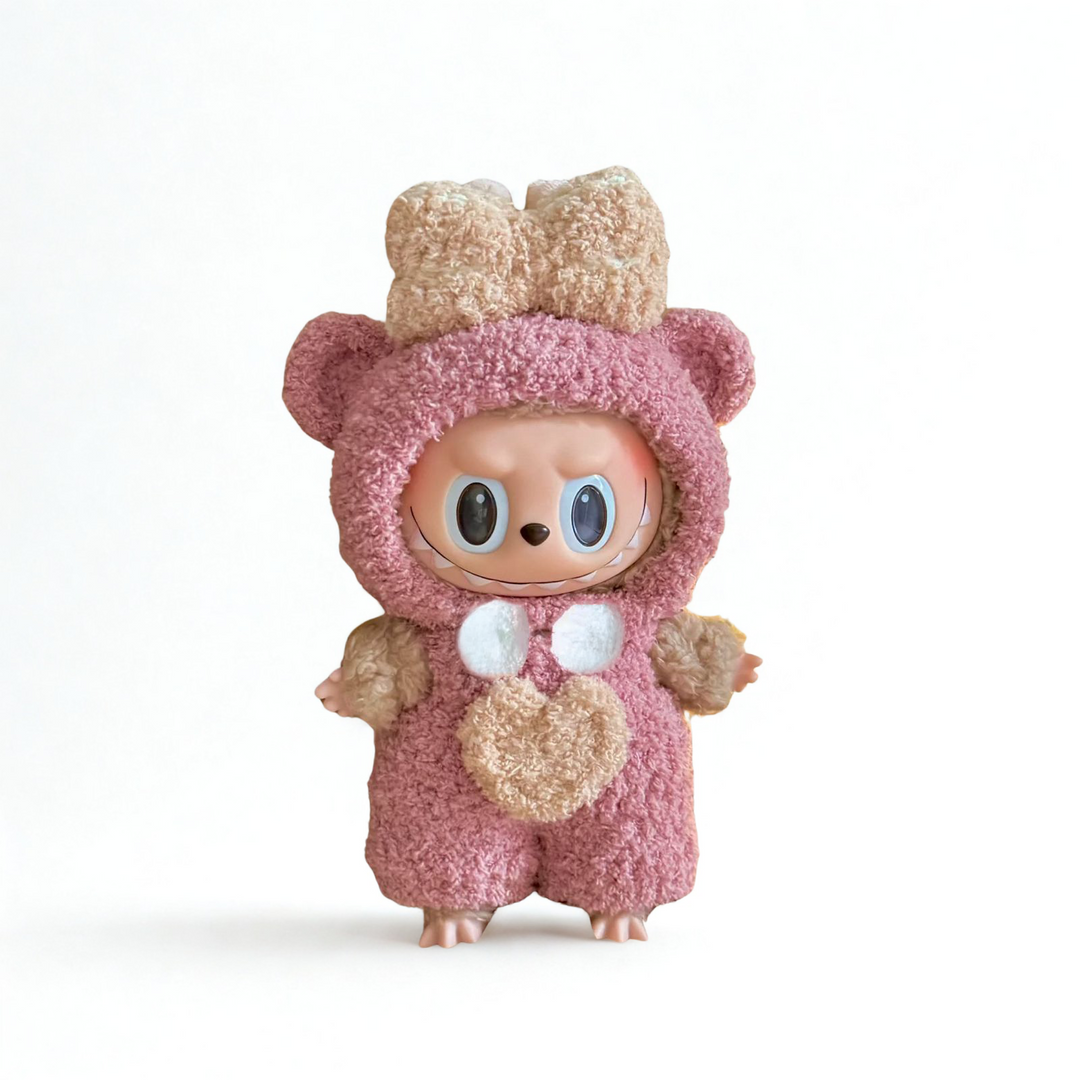 Labubu Pink Bear Plush Outfit – With Heart Patch, Head Bow & Chest Fur Detail