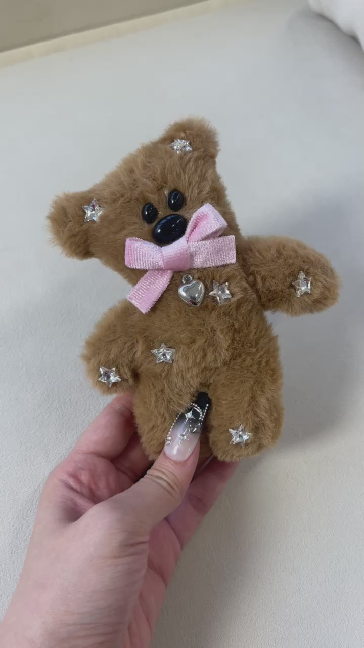 Fluffy Teddy Bear Hair Clip with Rhinestone Bow