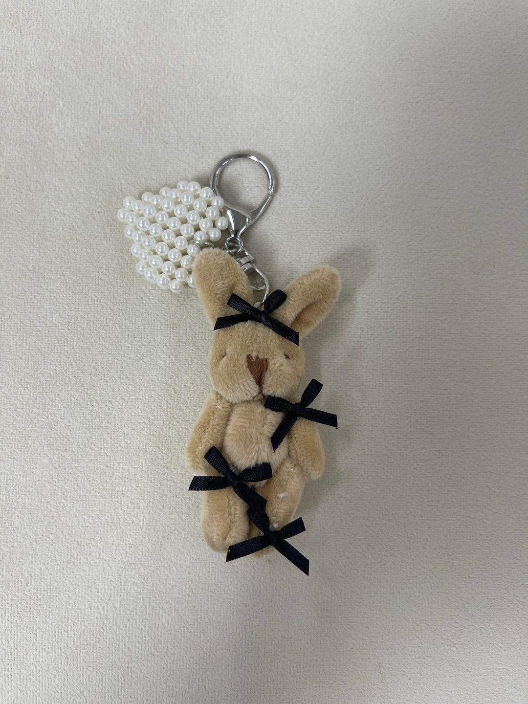 Pearly Heart Bun-Bun Bag Charm with Ribbon Accents