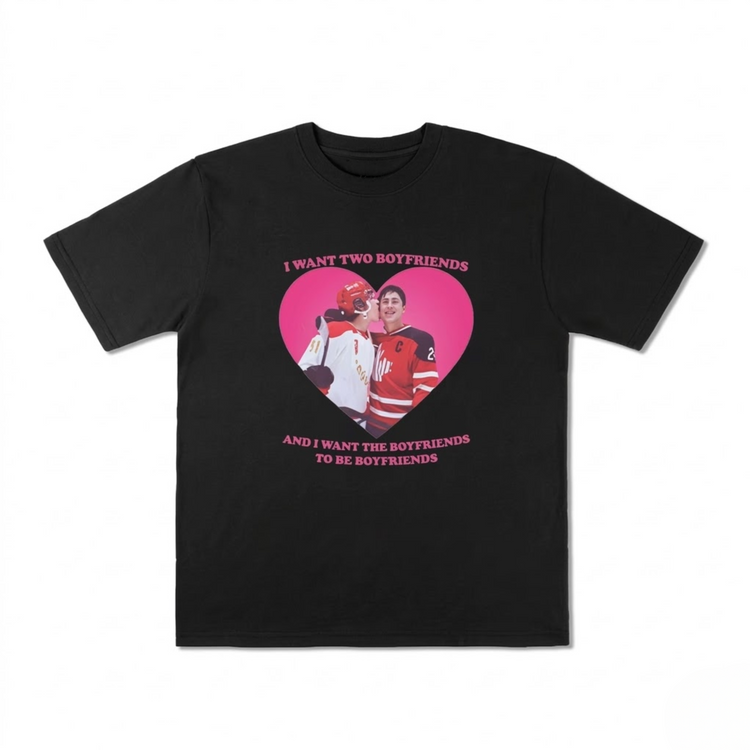 "Two Boyfriends" Hockey Romance Trope T-Shirt lifestyle display – Lizzie & Friends